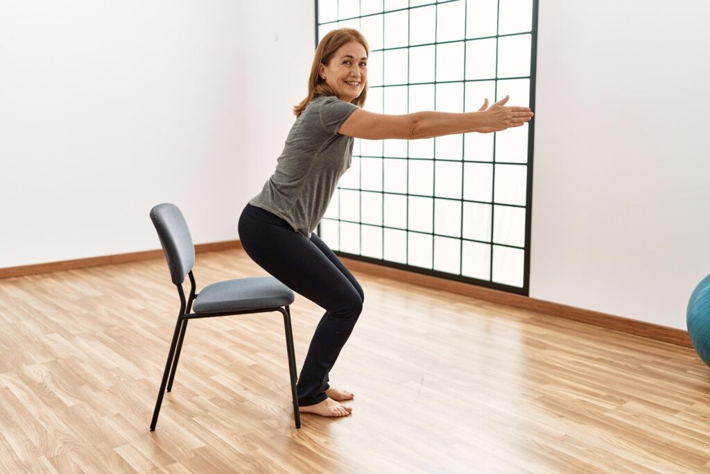 lady doing a balance exercise with a chair